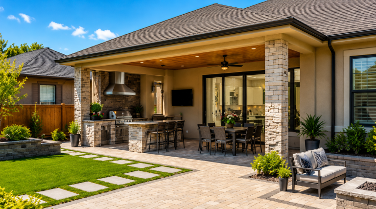 Backyard patio with outdoor kitchen, stone columns, seating area, and landscaped lawn