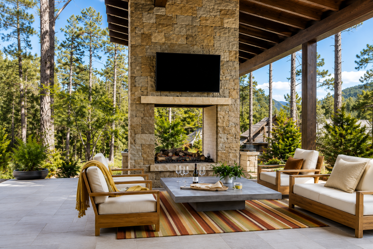 Covered Outdoor Living Room with Fireplace