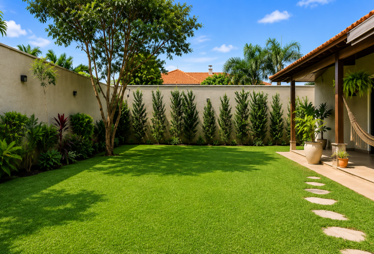 Professional landscape design with lawn, plants and outdoor patio